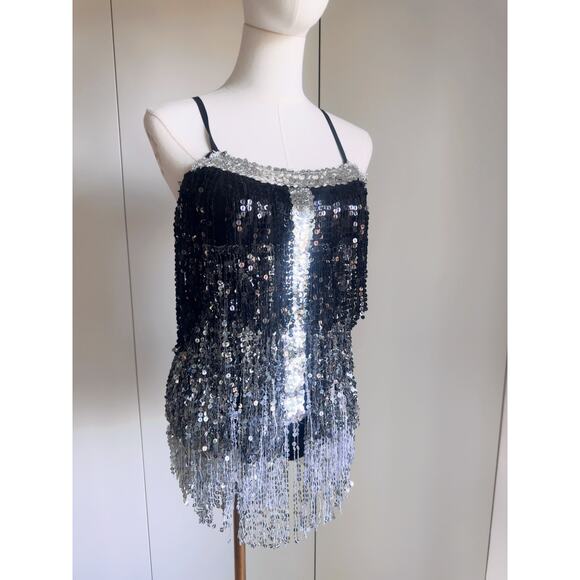 Vintage Tops - Vintage Womens Showgirl SequinTop  Size Small/4 Silver/Black Bodysuit